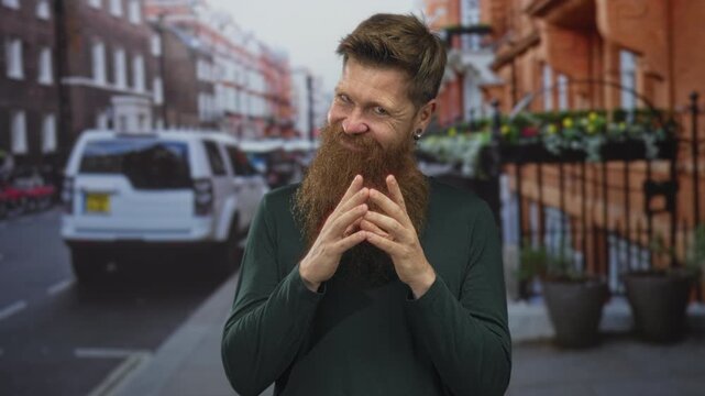 Young caucasian man with reddish beard and fingertips touching on urban street under daylight; confidence.