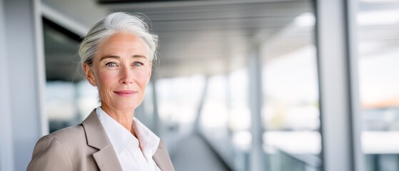Senior businesswoman in blazer standing in modern executive office, confident leadership portrait for corporate branding and communications