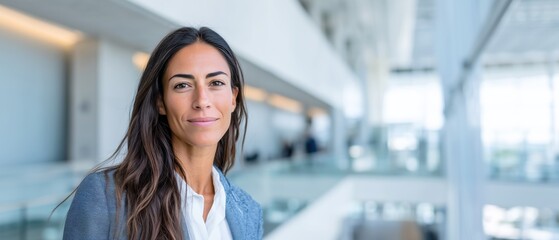 Confident young businesswoman in blue blazer standing in bright tech office, modern portrait for startups and innovation branding