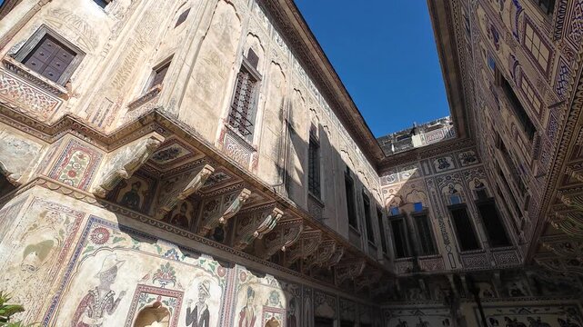 Detailed View of Medieval Period Haveli Interior Walls with Ornate Fresco Murals and Traditional Patterns, Mandawa Rajasthan, India