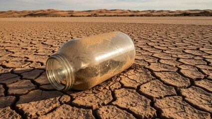 Glass jar abandoned on cracked earth in a dry desert landscape.