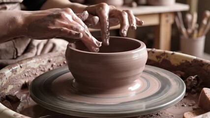 Hands shaping clay bowl on pottery wheel, showcasing craftsmanship and creativity in pottery-making. Useful for articles on art, ceramics, and creative hobbies, emphasizing mindfulness in crafts.