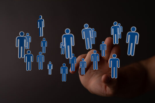 Abstract concept of digital human network, connection, and social interaction with hand gesture and icons. - Powered by Adobe