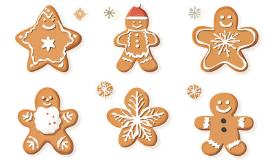 Collection of six decorated gingerbread cookies including gingerbread man shapes and star shapes with festive white icing on white background for holiday baking and Christmas celebration concepts