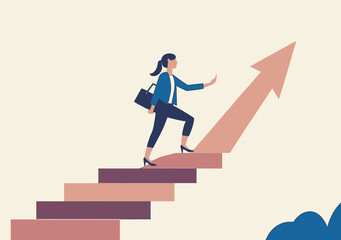 Confident businesswoman climbing ascending staircase with upward arrow symbolizing career growth leadership success and professional achievement in minimalist flat vector style