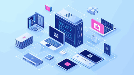 Fototapeta premium Isometric network of connected digital devices with central server cabinet and laptop illustrating cybersecurity data protection system in flat minimalist style