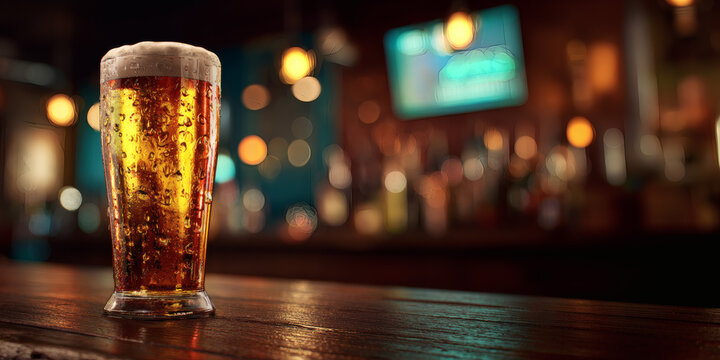 Cold Glass of Draft Beer with Foam on Wooden Bar Counter in Pub with Warm Bokeh Lights