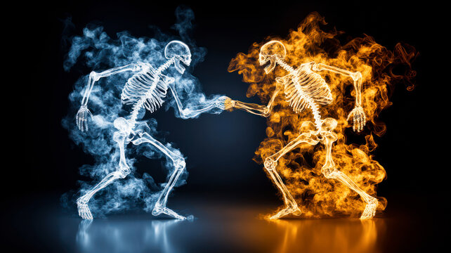 Yellow hot and blue cold human skeletons, the opposites, dancing or fighting on black background