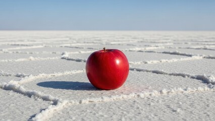 Red apple stands out on a vast, textured, white salt flat landscape.