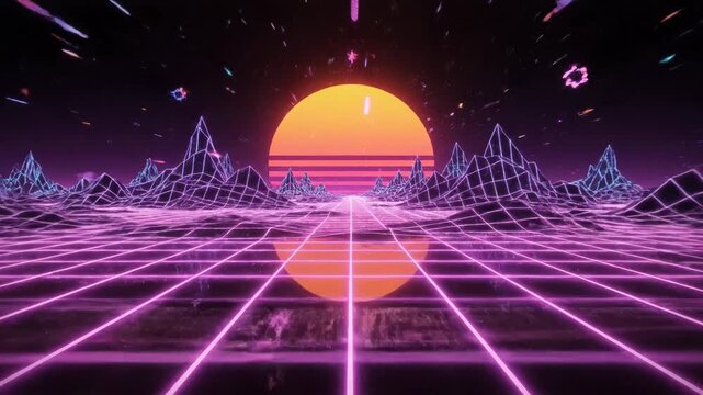 Vaporwave landscape with a grid pattern and a large sun in the background