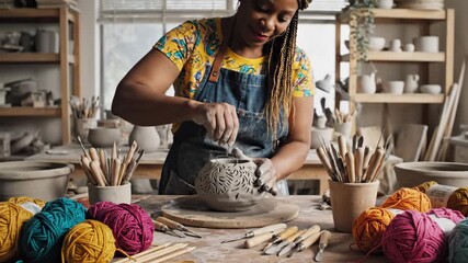 Woman crafting a decorative bowl from clay in pottery studio, concept of art, creativity, and handcrafted goods. Useful for promotional materials about craft workshops or home decor. video