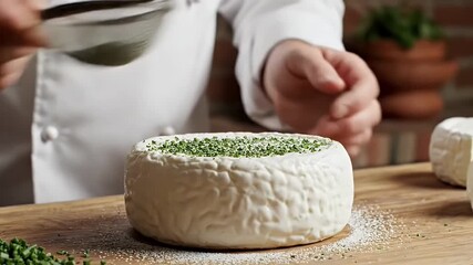 Chef hands sprinkle fresh green herbs on a gourmet cheese round for culinary preparation