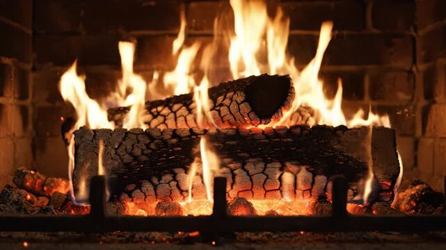 Crackling wood log fire brick fireplace with glowing embers and warm dancing flame creating cozy hearth atmosphere burning log comfort rustic winter evening crackling log fire with bright orange