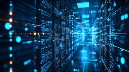 Data center servers with glowing blue lights and digital data streams