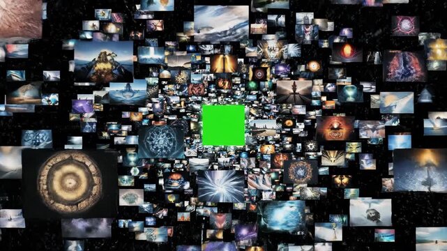Collage of various images with a green chroma key in the center