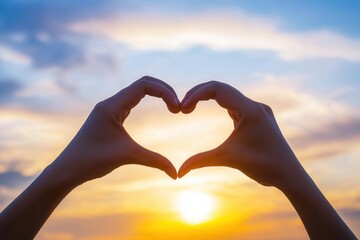 closeup hands forming heart around sun and bright sky, warm golden glow and clear blue background, wellness coach vibe with gratitude ritual and mindful moment, fingers framing light create hopeful