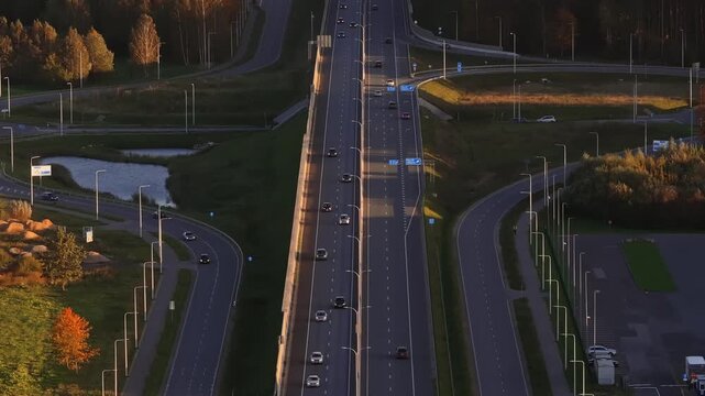 Aerial view of central carriageway with slip roads and birch trees. Title in description. Steady vehicle flow, long shadows, pond left, parking right, blue signage hints Europe.