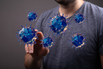 Abstract image showing the concept of a virus or the COVID-19 pandemic, with floating virus particles and a pe