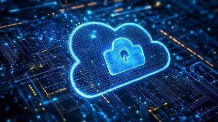 Digital cloud computing concept with a padlock symbol representing security
