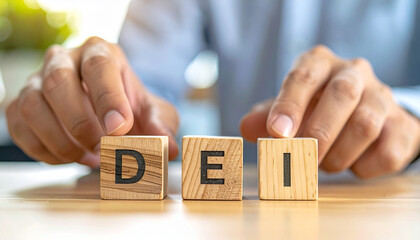 Diversity, equity, inclusion concept with close up of hands arranging wooden cubes showing DEI letters, symbolizing teamwork, workplace culture, and positive collaboration