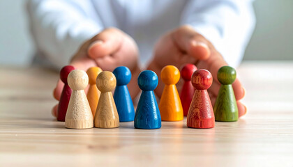 Colorful wooden game pawns arranged in group on wooden table, with hands gently protecting them, symbolizing care, diversity, teamwork, and inclusion in warm atmosphere