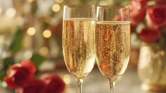 Two champagne glasses with a bunch of red roses in the background. Scene is romantic and celebratory - Powered by Adobe
