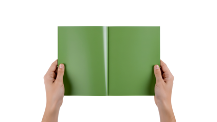 Person holding green blank notebook isolated on transparent background
