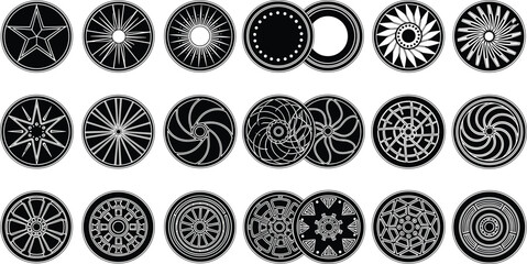 Collection of circular mechanical wheel designs featuring turbine, star, spoke and geometric patterns, ideal for engineering graphics, machine parts and futuristic elements