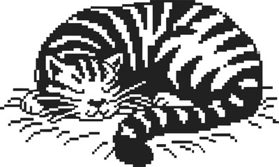 Sleeping striped cat curled on straw bed in pixel art style, cozy domestic animal resting in simple black and white retro design