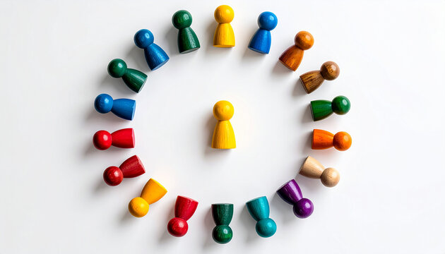 Colorful wooden pawns arranged in circle around single yellow pawn on white background, symbolizing community, diversity, and inclusion in playful, top down flat lay style