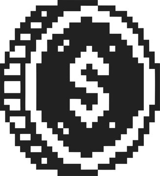 retro pixel coin icon with dollar sign 8 bit monochrome money symbol for games, digital currency, finance and arcade interfaces