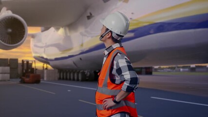 Side View Of Asian Male Engineer Wearing Safety Helmet Looking Around While Standing With Arms Akimbo at Airport with Massive Cargo Aircraft Loading Freight