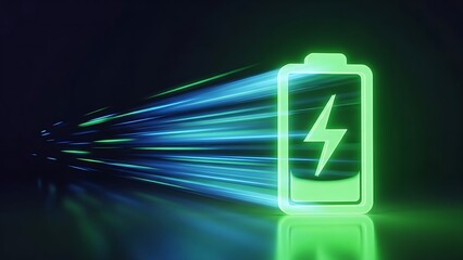 Dynamic light streaks trailing behind a glowing green battery icon, conveying a sense of speed and high energy.