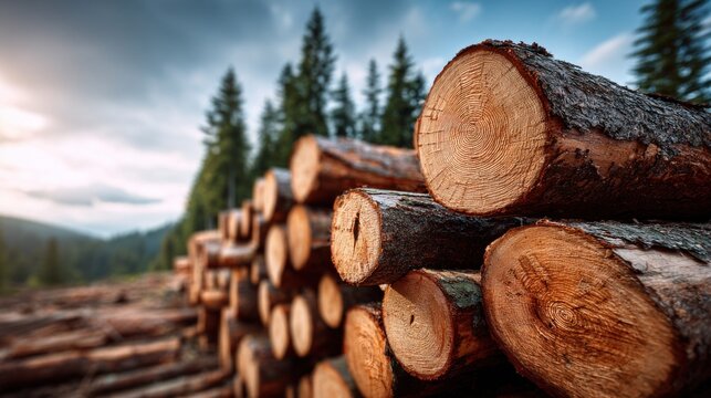 Pile of freshly cut logs in a forest with a beautiful natural backdrop