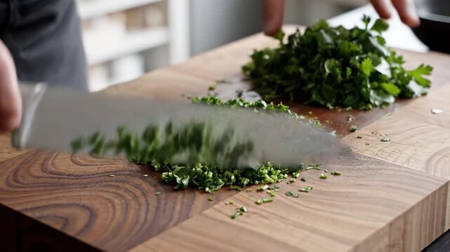 Freshly chopped parsley chive herb cutting board chef knife chopping garnish fresh. fresh chopped parsley cilantro herb cutting board chef knife motion hands slicing herbs for seasoning garnish close