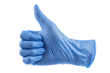 A blue gloved hand giving a thumbs up, symbolizing approval and safety