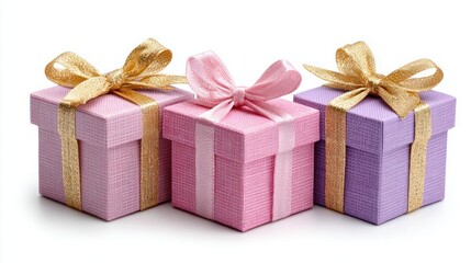 Three colorful gift boxes with gold ribbons and bows on a white background