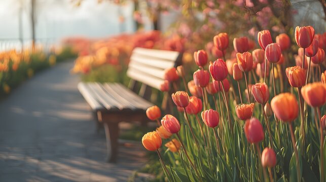 Bench sits in front of a row of orange tulips. The bench is empty and the flowers are in full bloom. The scene is peaceful and serene, with the bright colors of the tulips - Powered by Adobe
