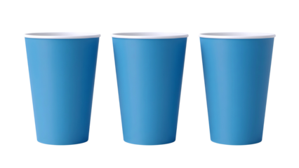 Three blue paper cups on white background isolated on transparent background