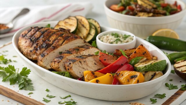 Grilled caribbean jerk chicken platter served with colorful grilled vegetables