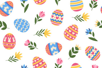 Easter seamless background with patterned eggs and cute spring flowers. Pattern with painted eggs and flowers for a festive Easter design.