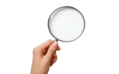 A hand grips a magnifying glass with a blank white lens, symbolizing investigation and discovery