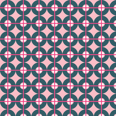 Pink and Teal Retro Geometric Seamless Pattern with Circular Grid Design