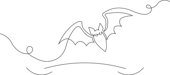 Minimalist continuous one-line art drawing featuring a Halloween bat with abstract flowing decorative lines on a clean white background