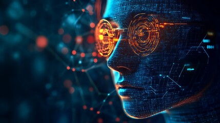 Digital human profile with glowing futuristic eyewear in a cyberpunk style