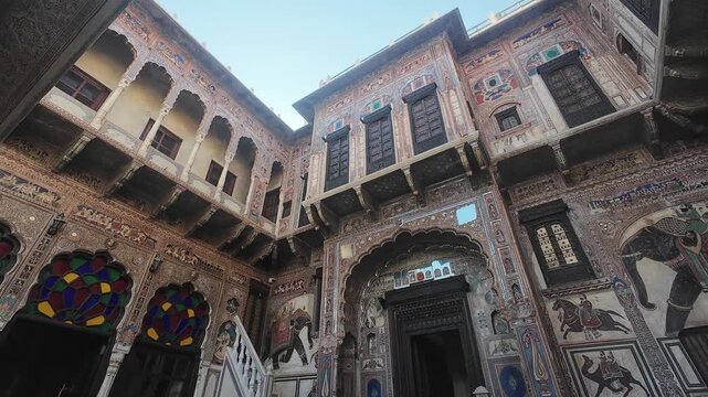 Detailed View of Medieval Period Haveli Interior Walls with Ornate Fresco Murals and Traditional Patterns, Nawalgarh Rajasthan, India 