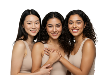 Three diverse young adult women, East Asian and two Hispanic, in light beige tank tops, embracing, smiling joyfully, looking at camera on white background. Concept of female unity and diversity