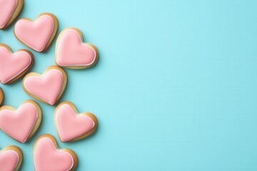 Fototapeta premium Valentine themed cookies arranged on pastel blue for promotion purposes, Colorful pink heart shaped cookies placed randomly on soft pastel blue backdrop for seasonal advertising and marketing