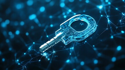 Digital key icon floating in network of connections against blue background