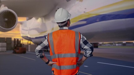 Back View Of A Male Engineer Wearing Safety Helmet Looking Around While Standing With Arms Akimbo at Airport with Massive Cargo Aircraft Loading Freight